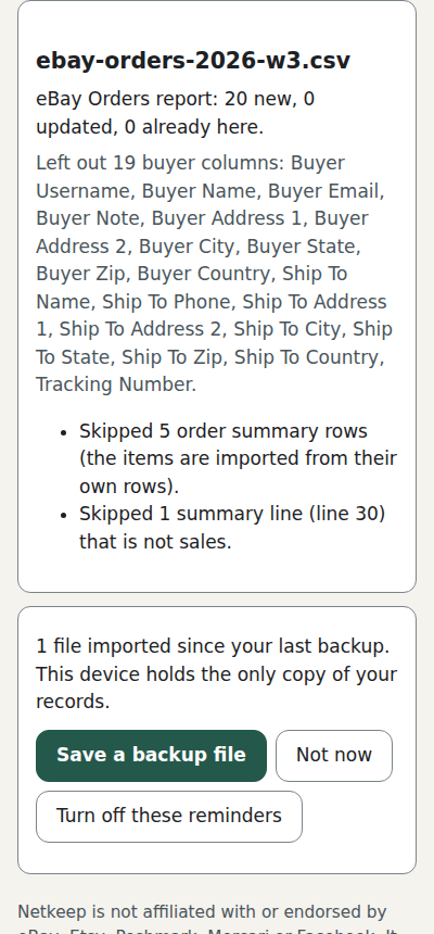 Netkeep on a phone after importing an eBay Orders report: 20 new orders, and a list of the 19 buyer columns it left out, such as buyer name, email, address and phone number.