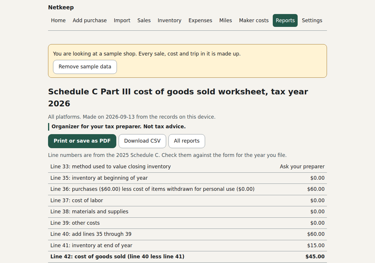 A Schedule C Part III cost of goods sold worksheet for tax year 2026, lines 33 to 42, with buttons to print or download a CSV and a line saying it's an organizer for your tax preparer, not tax advice.